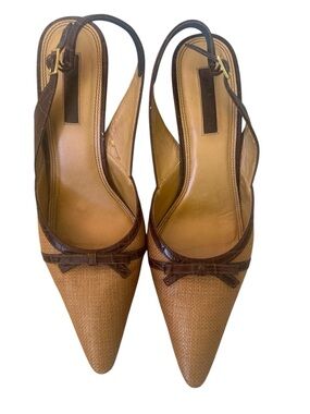 Unisa Tan Raffia and Brown Leather Croc-like Pointed Slingback Heels Size 9 1/2